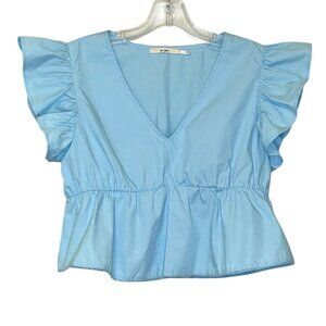 Mi Ami Women's Large Light Blue V-neck Ruffled Top